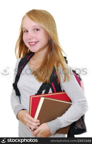 Young smiling school girl with backback and books isolated on white background