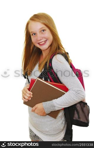 Young smiling school girl with backpack and books isolated on white background