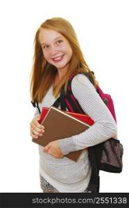 Young smiling school girl with backpack and books isolated on white background