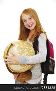 Young smiling school girl with backpack and globe isolated on white background