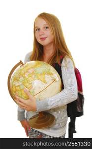 Young smiling school girl with backpack and globe isolated on white background