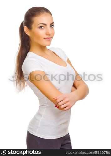 Young smiling sporty woman isolated