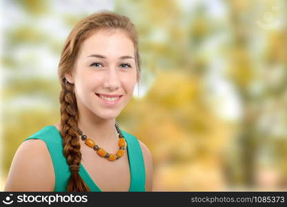 young smiling woman in green casual smart clothing