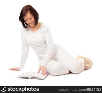 Young smiling woman reading book isolated