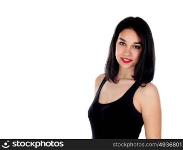 Young smiling woman with black clothes isolated on a white background
