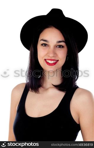 Young smiling woman with black clothes isolated on a white background