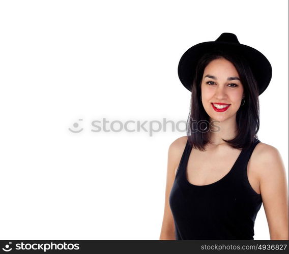 Young smiling woman with black clothes isolated on a white background