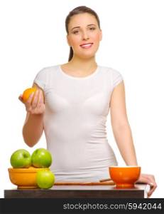 Young smiling woman with fruits isolated