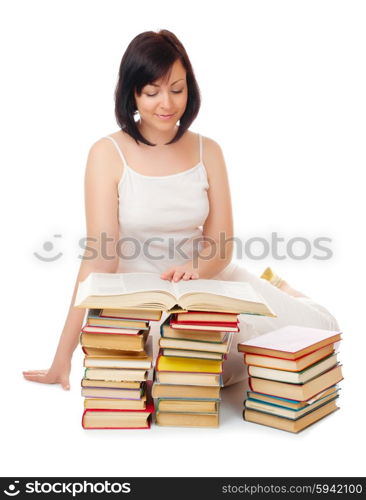 Young smiling woman with heap of books isolated