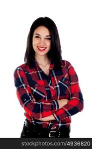 Young smiling woman with red plaid shirt isolated on a white background