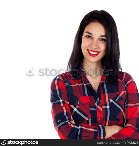 Young smiling woman with red plaid shirt isolated on a white background