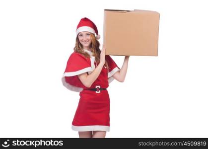 Young snow girl with box on white