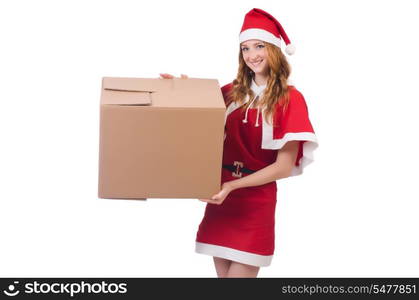 Young snow girl with box on white