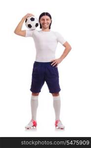 Young soccer football player on white