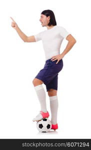 Young soccer football player on white