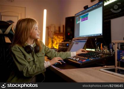 Young sound producer preteen girl child working on audio mixing board at studio of records. Young sound producer girl working on audio mixing board