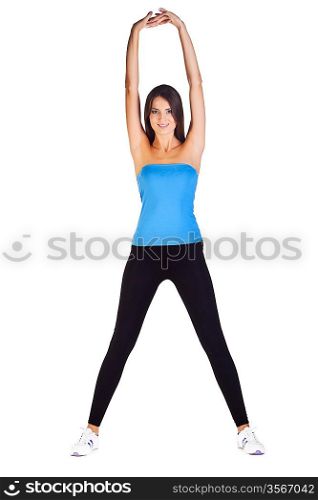 young sporting girl executing exercises on the white background