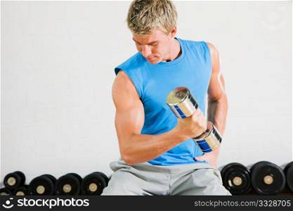 Young sportive man working out using dumbbells in the gym