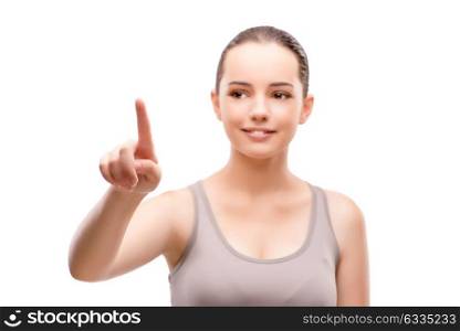 Young sports girl pressing virtual button isolated on white