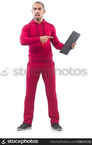 Young sportsman with binder isolated on whit