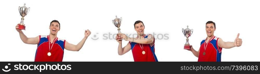 Young sportsman with cup isolated on white 