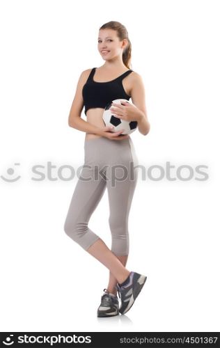 Young sportswoman with ball isolated on white