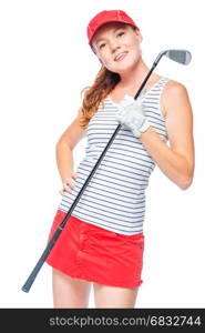 Young sporty girl enjoys playing golf, portrait is isolated