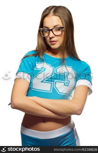 Young sporty girl in blue costume isolated
