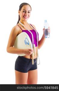 Young sporty girl on with water bottle isolated
