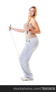 young sporty girl plus size doing exercise with jump rope. Weight loss concept. Fitness woman isolated on white