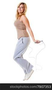 young sporty girl plus size doing exercise with jump rope. Weight loss concept. Fitness woman isolated on white