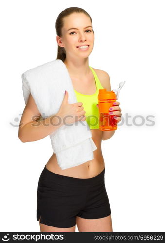 Young sporty girl with bottle and towel isolated