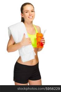 Young sporty girl with bottle and towel isolated