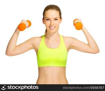 Young sporty girl with dumbbells isolated
