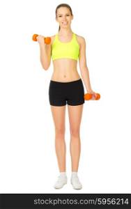 Young sporty girl with dumbbells isolated
