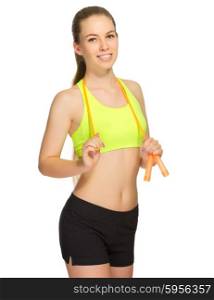 Young sporty girl with skipping rope isolated