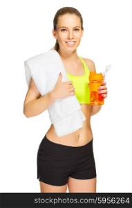 Young sporty girl with towel and water bottle isolated