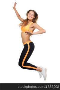 Young sporty jumping woman isolated