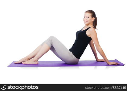 Young sporty woman doing exercises isolated on white