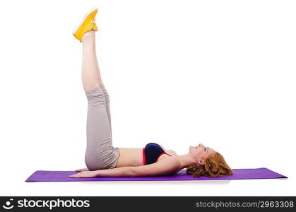 Young sporty woman doing exercises on white