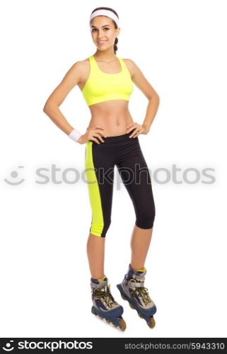 Young sporty woman on roller skates isolated on white