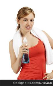 young sporty woman with a bottle of water. young smiling sporty woman with a bottle of water on white background