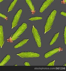 Young spruce branch isolated on gray. Fir tree branch seamless pattern on green. flat lay, top view
