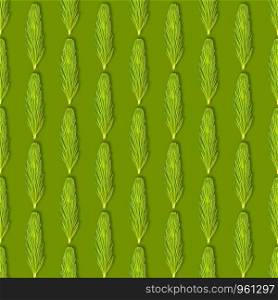Young spruce branch isolated on green. Fir tree branch seamless pattern on green.