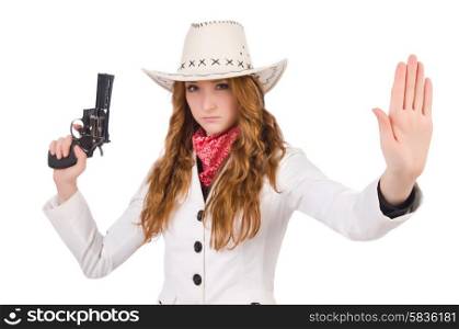 Young stopping cowgirl with gun isolated on white