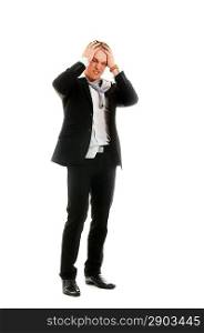 Young stressed businessman. Isolated over white.