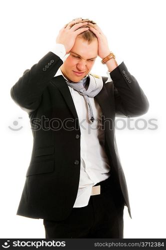 Young stressed businessman. Isolated over white.