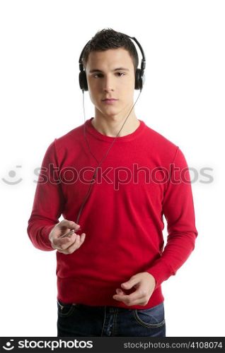 Young student boy dress in red hearing mp3 music, studio isolated on white