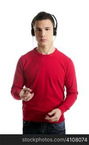 Young student boy dress in red hearing mp3 music, studio isolated on white