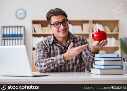 Young student breaking piggy bank to buy textbooks